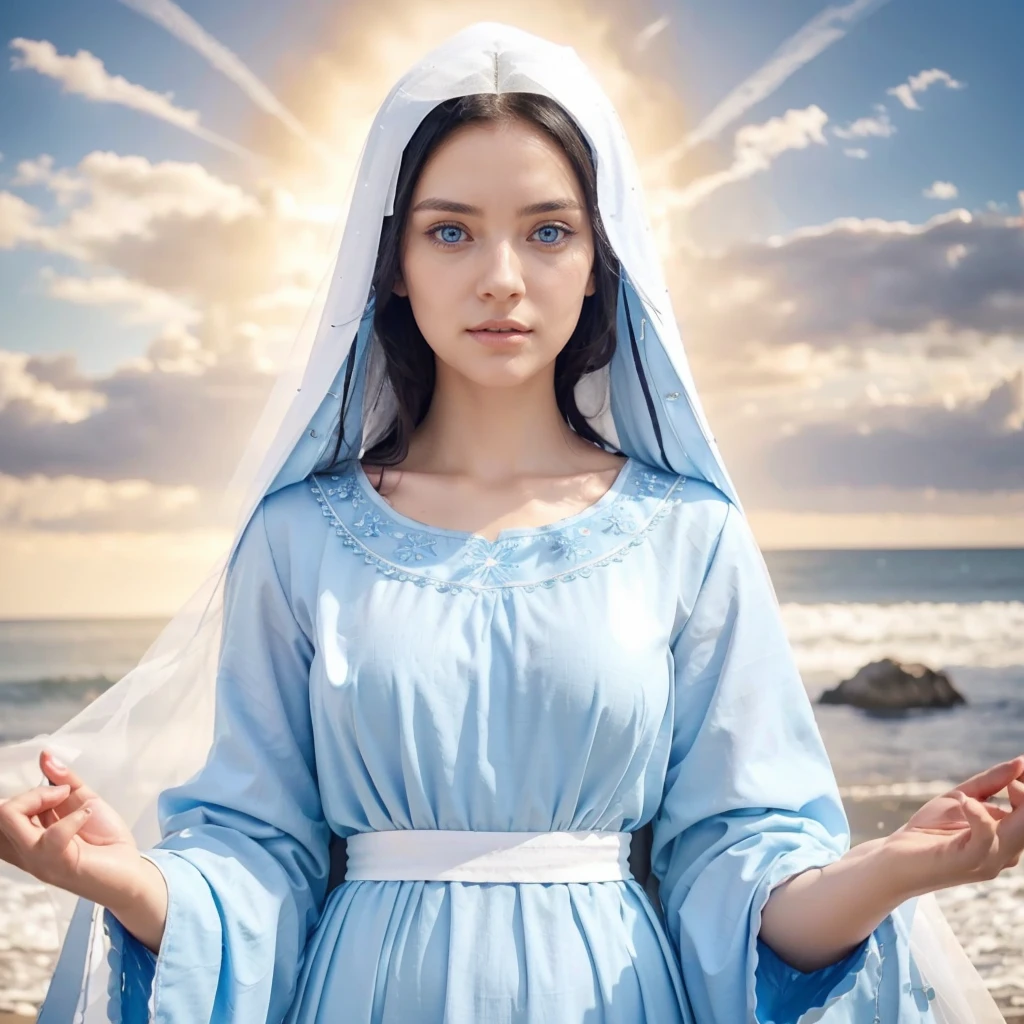 Beautiful woman with detailed light blue eyes, long black hair, wearing a blue tunic with wide, long sleeves adjusted at the waist by an intertwined white sash. Wear a thick white veil