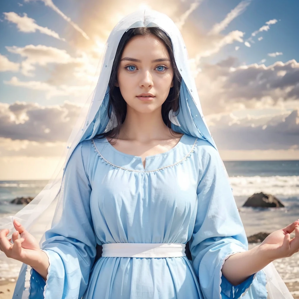 Beautiful woman with detailed light blue eyes, long black hair, wearing a blue tunic with wide, long sleeves adjusted at the waist by an intertwined white sash. Wear a thick white veil 