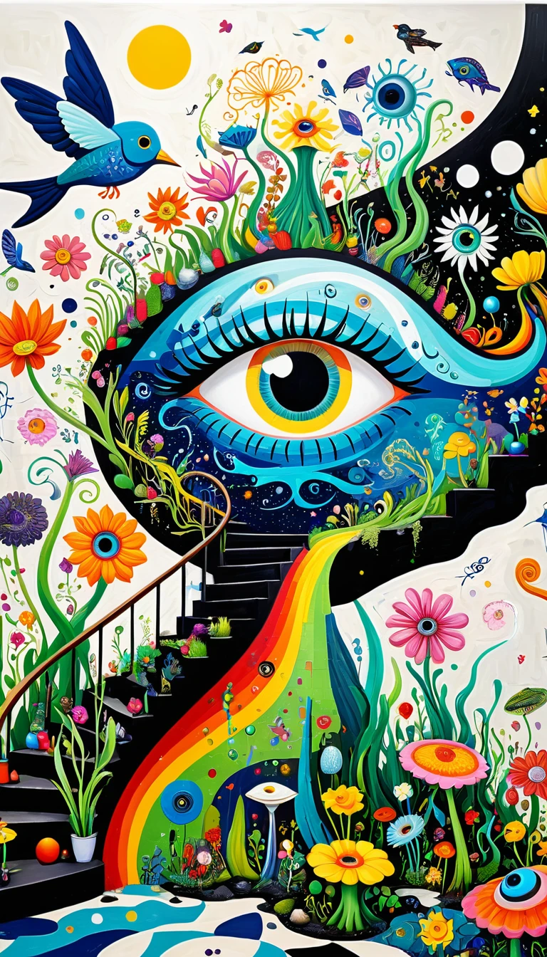 Children's graffiti,Thick coating，Concave and convex texture，Oil pastel strokes：Colorful black，Dopamine color matching，爱吃fish的猫、flowesh、spiral staircase、Tentacles、bird、(((Eye)))、diatom，Abstract mosaic painting，Describing the inner world of autistic people，Sense of space，White Space，interesting，Innocence，Psychedelic Art，
