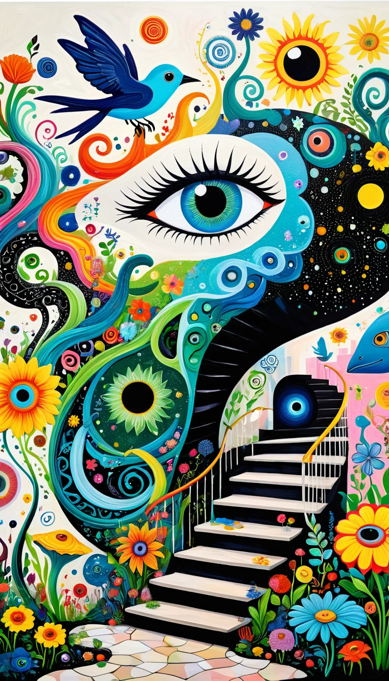 Children's graffiti,Thick coating，Concave and convex texture，Oil pastel strokes：Colorful black，Dopamine color matching，爱吃fish的猫、flowesh、spiral staircase、Tentacles、bird、(((Eye)))、diatom，Abstract mosaic painting，Describing the inner world of autistic people，Sense of space，White Space，interesting，Innocence，Psychedelic Art，
