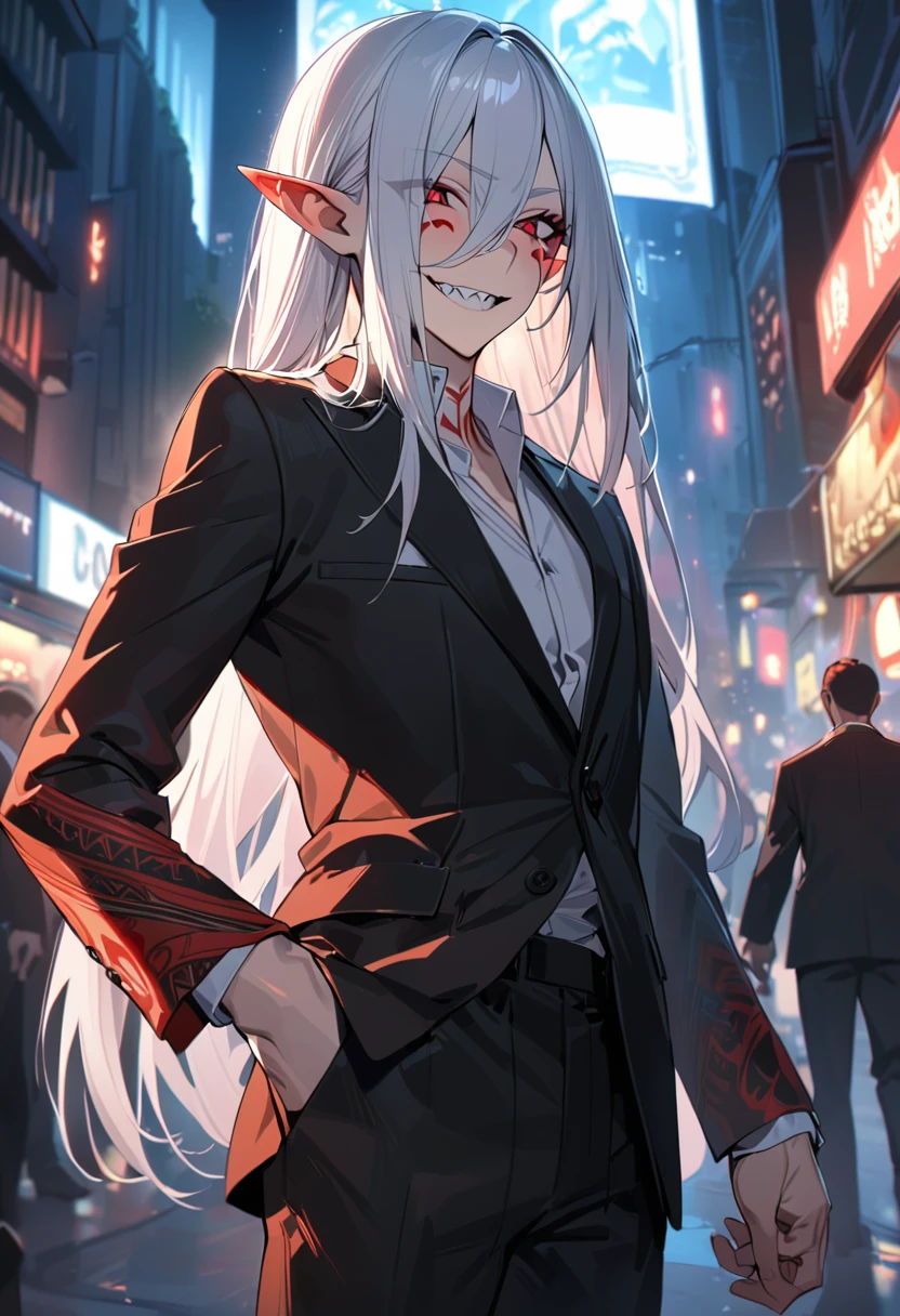 Boy, white hair, long straight hair, red eyes, wild smile, sharp teeth, pointed ears, fair skin, black suit, white dress shirt, stylish, red tribal tattoos, red facial tattoo, night on the streets, high details, high quality, 4K, anatomically correct