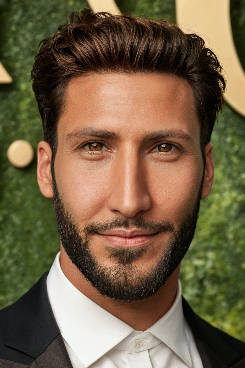 A stunning, high-resolution portrait of a charismatic 32-year-old man With a symmetrical face shape, with a captivating smile, penetrating gaze, and greenish brown eyes, framed by a well-groomed brown quiff and trimmed beard. The man exudes an air of self-assuredness and goodness, symbolizing his millionaire status, captured in a masterful and detailed Realistic style reminiscent of Imogen Cunningham and Sølve Sundsbø., depth of field, super detail, high quality, highres, 8k, best quality, high details, textured skin