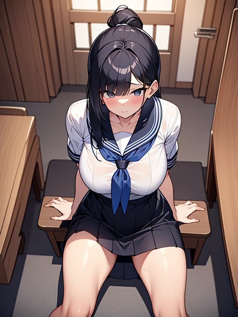 NSFW:1.9. Sex from behind in an empty student council room:1.9. Nobody is there, or a tall woman:1.9 Penis inserted into pussy:1.9. Leaning face down on a conference room desk:1.9 Tall, well-built, adult woman, bottom view, white summer sailor uniform, navy blue skirt, short black hair, ponytail:1.9 Long hair Straight hair Hair tie Swept bangs to the side:1.9. Slanted eyes, brown eyes, tall, strong-willed, beautiful, large breasts, white underwear