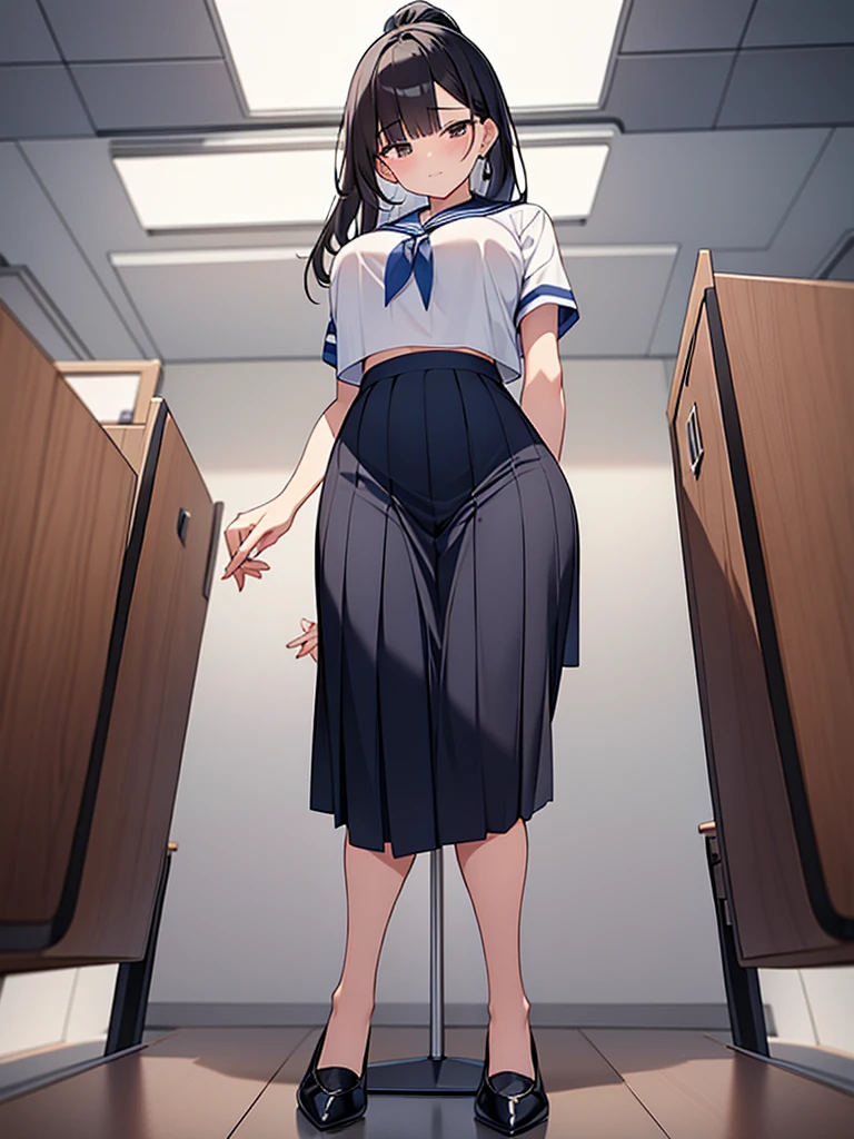 masterpiece, best quality, ultra-detailed,、(Top quality illustrations:1.2), (1 girl、), (high school girl)、Black Hair、 {Sailor suit、pleated skirt, midi skirt, black high socks}、 from behind、((from below))、hip focus, pantyhose、look back
