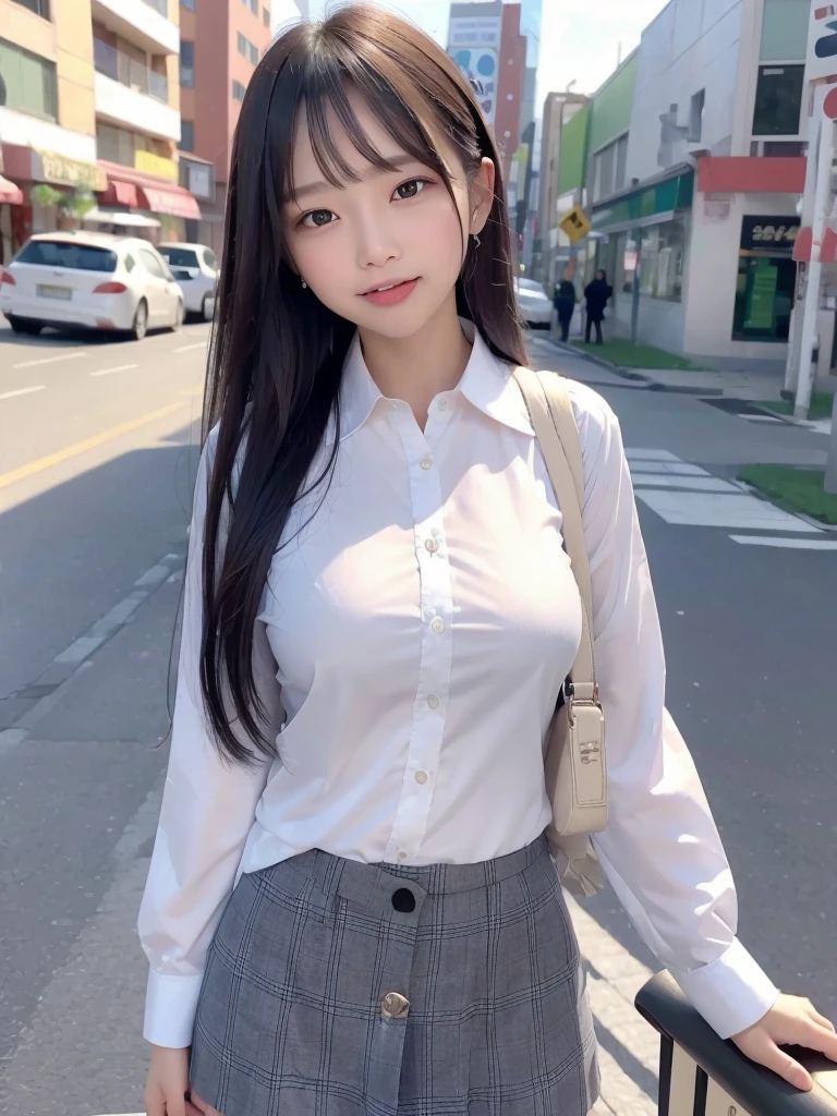 Highest quality、masterpiece、8k、Very detailed、Realistic、(One girl)、(Looking at me with a smile:1.5)、whole body、(Black Hair)、Small face、(Slender:1.2)、(Big Breasts:1.2)、(White business shirt with buttons and a collar:1.2)、(short tight skirt in gray,:1.2)、(Grey business jacket:1.2)、(Open your mouth wide and stick out your tongue:1.4)、(Make a ring with your hand around your mouth:1.4)