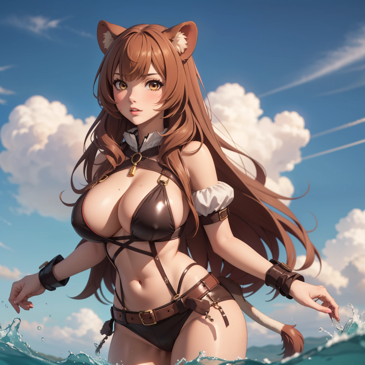 Raphtalia woman 35 years old, Voluminous brown hair, by the floating, lion ears, voluminous fur, big breasts, ropa de pieles escotada, gotas de sudor en cuerpo, cuerpo sucio y con heridas, cuerpo sucio, fondo un pantano.