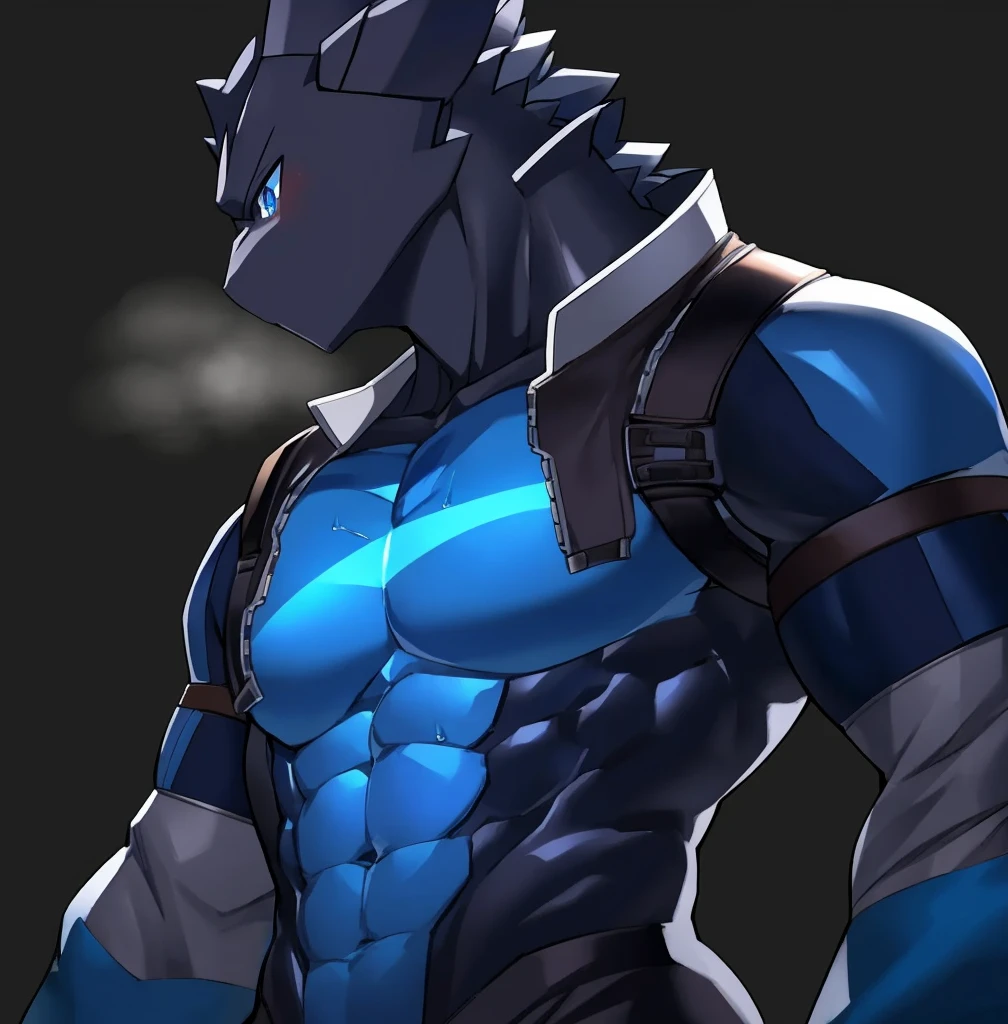 Thin macho western black dragon abs Hollow abs body suit thick arms chest rig 、sweaty skin glow profile Wearily short of breath Chemo shota
have a blue eyes Tired look jacket