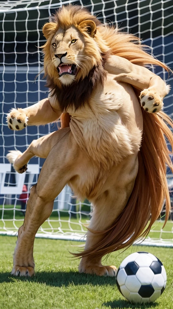 A Lion beast. Humanoid body. Playing soccer