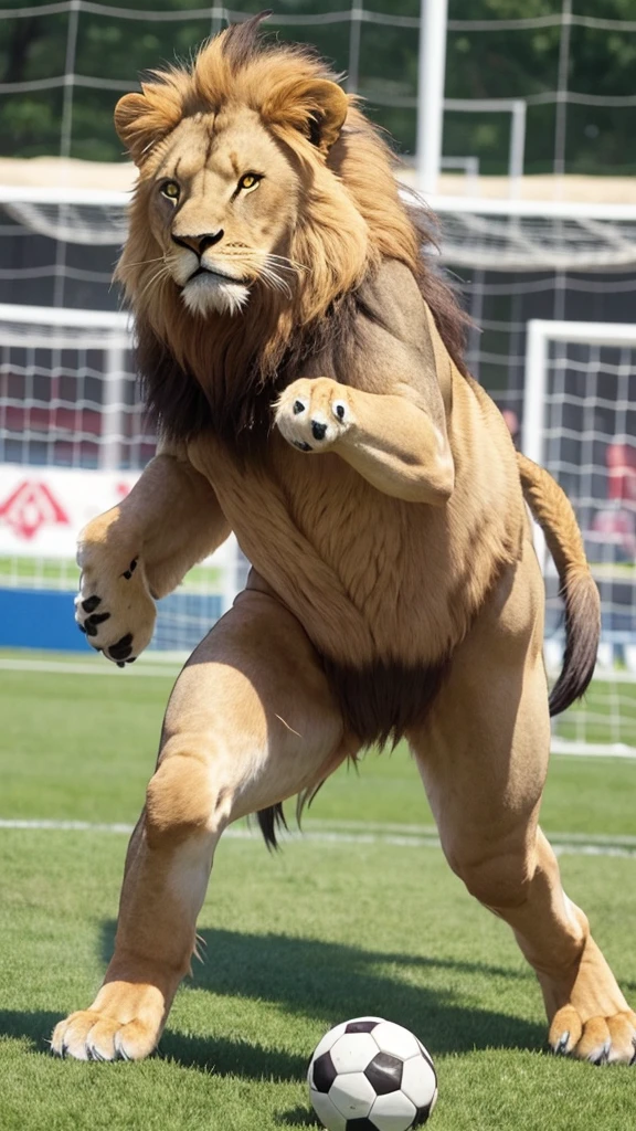 A Lion beast. Humanoid body. Playing soccer