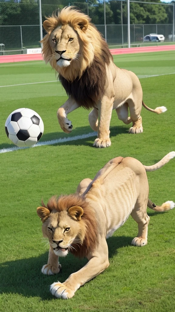 A Lion beast. Humanoid body. Playing soccer