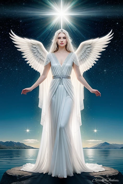 The angelic being stands tall, radiating an ethereal light that seems to shimmer with each graceful movement. Their white hair cascades down like a waterfall of pure silk, framing a face of serene beauty. Piercing blue eyes, as deep and clear as a pristine mountain lake, gaze with infinite compassion and wisdom. Their presence exudes a sense of peace and protection, with soft, feathered wings that glow with a celestial brilliance. Clad in flowing robes of pure white, adorned with subtle silver accents, they embody a perfect blend of majesty and gentleness, an otherworldly guardian of light.