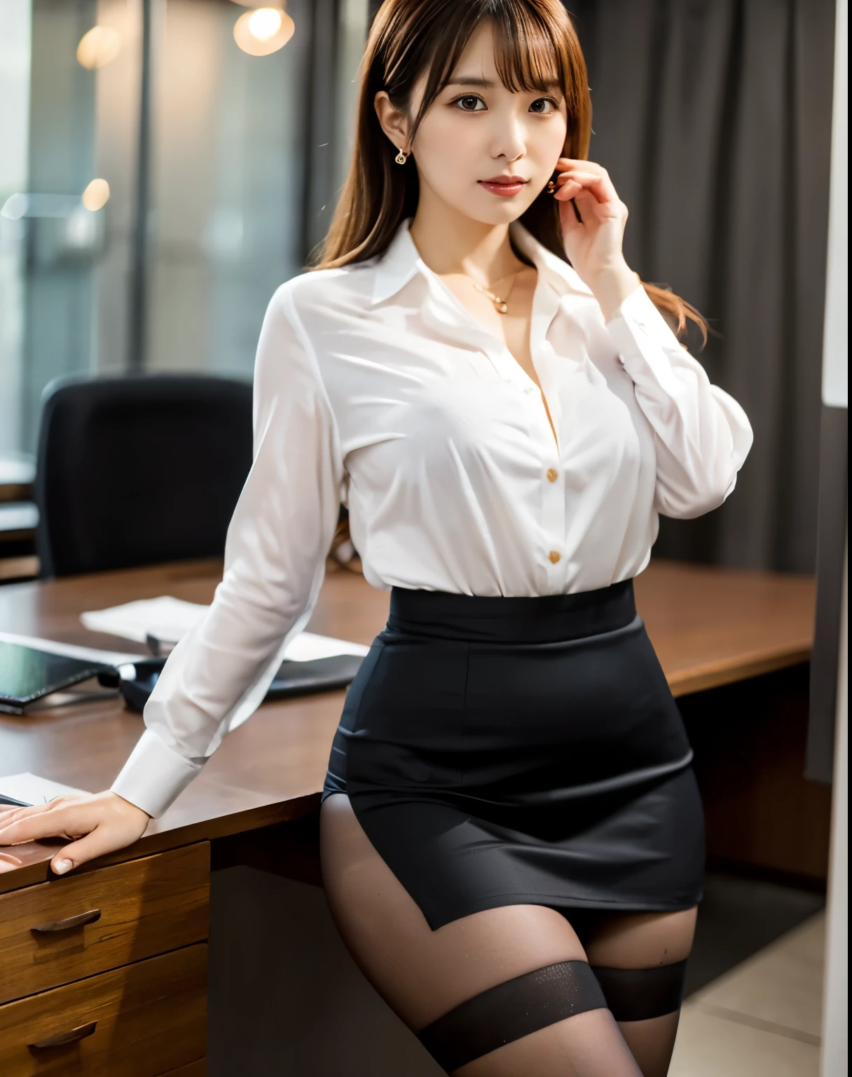 He wore a business shirt with a plunging neckline、Elegant upper-class elite secretary, Working in the office、厳格なsuitを着ている, Wearing pantyhose、Wear high-quality high heels、 Girl in a shirt, suitを着ている, suitを着ている, suitを着て, Businesswoman, Business Wear, 黒のsuitを着ている, Wear a shirt and a mini skirt, suitを着た女性, suit, ビジネスsuit, RAW Photos, (8k、Highest quality、masterpiece:1.2)、(Intricate details:1.4)、(Photorealistic:1.4)、Octane Rendering、Very detailedな複雑な 3D レンダリング, Soft studio light, Rim Light, Sharp details, Very detailed, Realistic skin texture, face, Beautiful and detailed, Very detailed CG Unity 16k 壁紙, Compensate, (Detailed Background:1.2), Exposed thighs!!!,(Open Leg 1.5).Panties Pensive Lingerie), The blouse has a wide opening at the chest..., Exposed Skin, Protruding nipples.