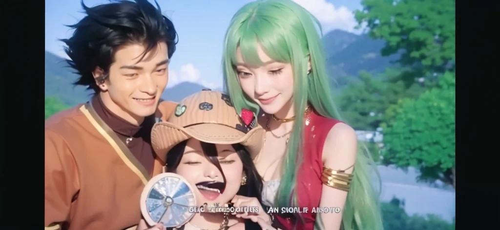 Three people were seen who looked close to each other. In the middle, there is a girl wearing a pink hat with white brim and a very happy facial expression. This girl is holding a disc decorated with pictures of animated characters. To the left of the girl, there is a man with black hair standing. straightened up and smiled at the girls. He wore brown clothes with gold accents on the collar. This man also wears an earring in his right ear. To the girl's right, there is a woman with long green hair who is wearing red clothes with yellow accents on her arms. He also smiled gently at the girl while patting her head affectionately