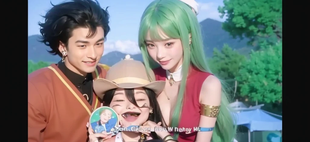 Three people were seen who looked close to each other. In the middle, there is a girl wearing a pink hat with white brim and a very happy facial expression. This girl is holding a disc decorated with pictures of animated characters. To the left of the girl, there is a man with black hair standing. straightened up and smiled at the girls. He wore brown clothes with gold accents on the collar. This man also wears an earring in his right ear. To the girl's right, there is a woman with long green hair who is wearing red clothes with yellow accents on her arms. He also smiled gently at the girl while patting her head affectionately