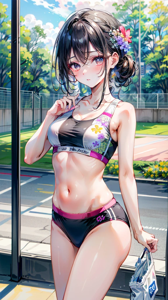 (Best quality, 8k, 32k, Masterpiece, UHD,:1.2),RAW, 1girl,ultra cute , natural lighting,transparent shining eyes, 20yo ,fair complexion, ((sports bra and panties, floral pattern)), Cowboy Shot, standing, shiny, small breast, bright