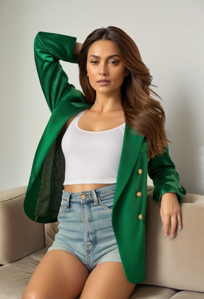 A woman is reclining on a couch, her body stretched out with one arm resting on the back of the couch and the other hand touching her hair. She has long brown hair that cascades over the side of the couch. Her attire consists of a green jacket draped over her shoulders, revealing a white tank top underneath. The background is minimalistic with a plain wall and a single light source illuminating her from the front.