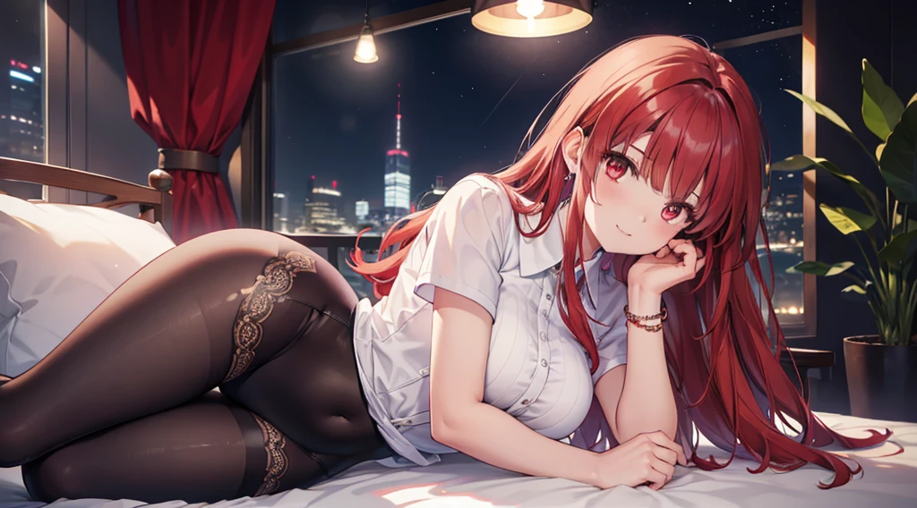 Highest quality, masterpiece, figure, wallpaper,One girl,White shirt, Light Hair, Beautiful detailed girl, Highly detailed eyes and face, Beautiful attention to detail, Shine,Browsing Caution, View your viewers, bed, night, Black Pantyhose, Straight hair, Red Eyes, long hair,Red Hair, thick_Thighs, Large Breasts, Red eyes,Sitting,beautiful finger, clear background, deep night, Lying down、smile、Big earrings、bracelet