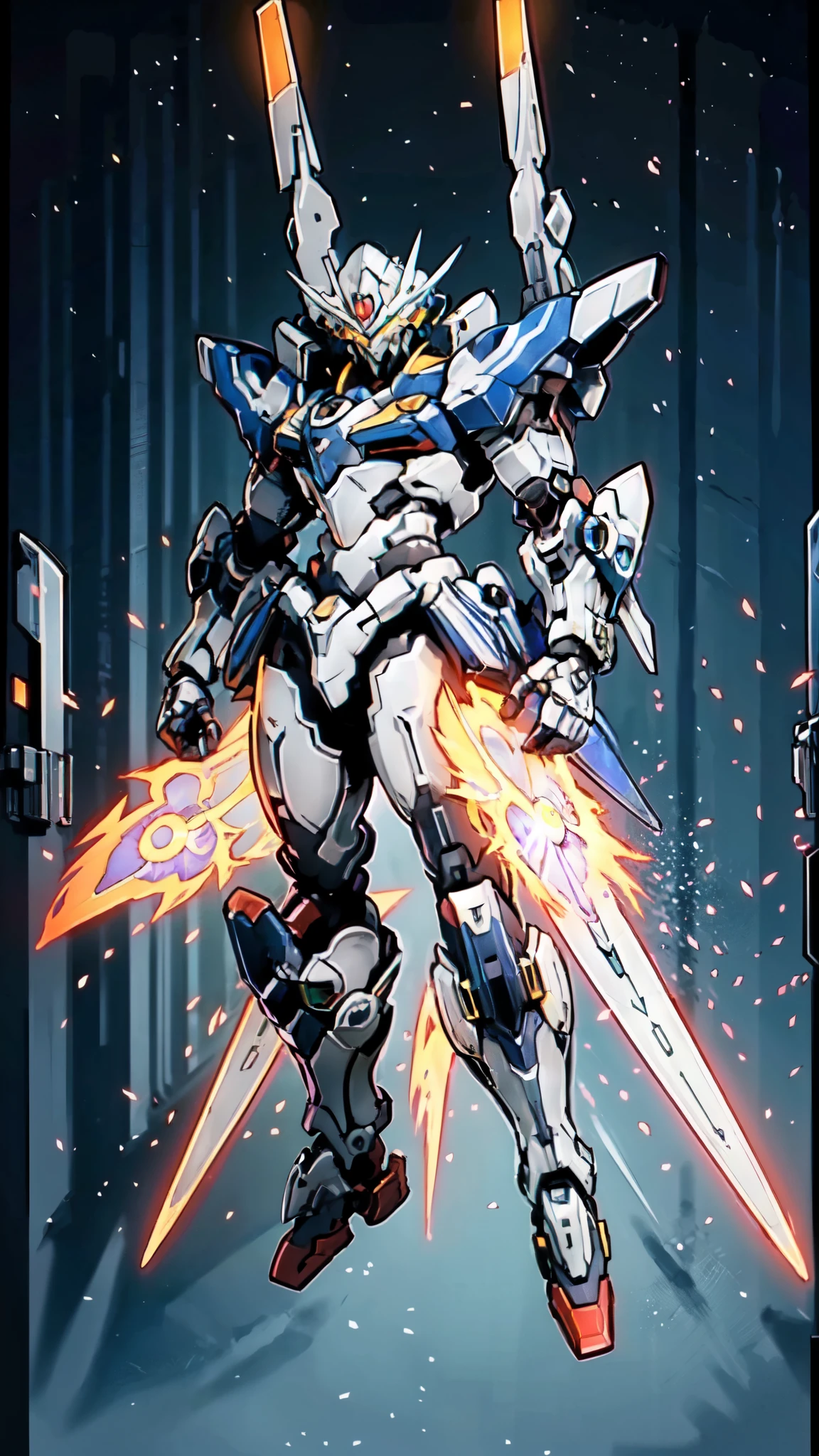 (masterpiece:1.5, best quality:1.5, extremely delicate:1.5), humanoid Mecha, fully enclosed shoulder guards, matching arm and leg guards, full body, full armor, the design balances heavy with agility, (the color scheme is primarily white with red and blue accents, the concept Inspired by Super robot, organic biotech armor, standing, floating high above the futuristic sci-fi city), exquisite and mature art style, (aura effect, energy, glowing eyes, the armor glows), metallic, dramatic, high definition, highres, ultra-detailed, ultra-fine painting, professional, perfect body proportions, anatomically correct, symmetrical face, extremely detailed eyes and face, high quality eyes, creativity, RAW photo, UHD, 32k, Natural light, cinematic lighting, masterpiece-anatomy-perfect