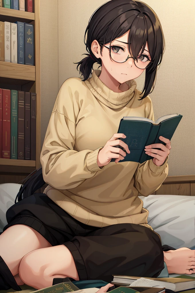 mature woman, hair over one eye, golden eyes, Tomboy, sitting on the ground, sweater, black sweatpants, looking at viewer, bed, black short hair with a ponytail, books lying around, bedroom background, round glasses, bags under eyes, tired, reading a book