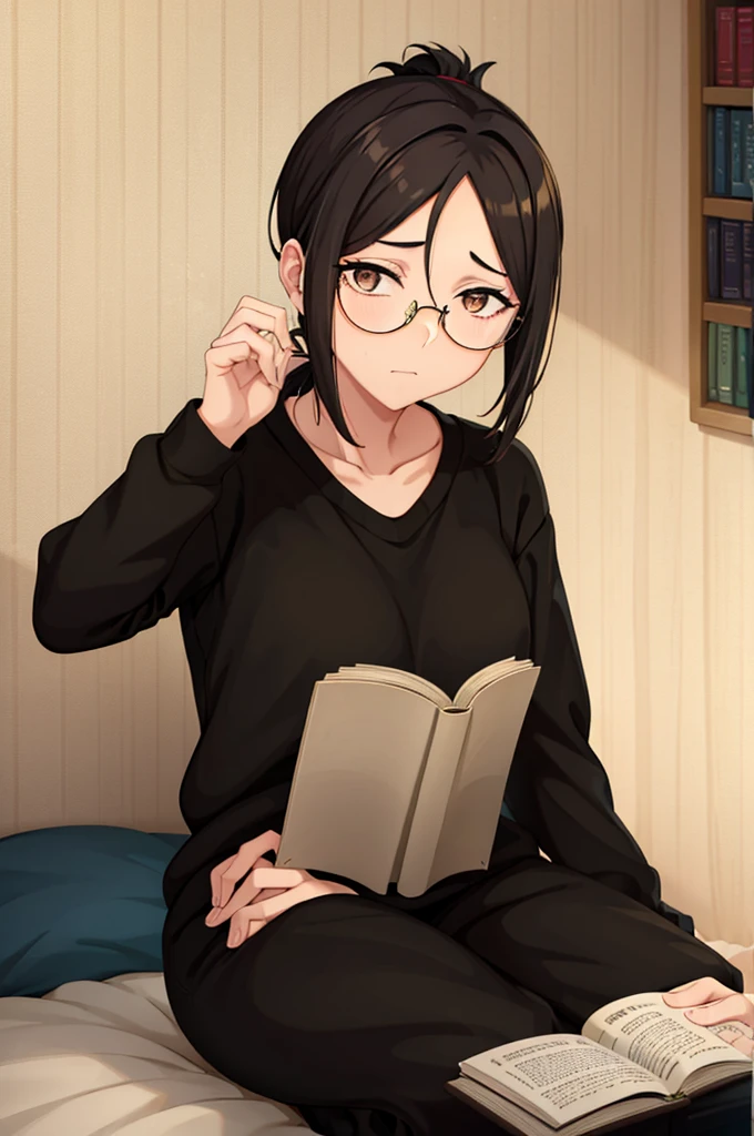 mature woman, hair over one eye, golden eyes, Tomboy, sitting on the ground, sweater, black sweatpants, looking at viewer, bed, black short hair with a ponytail, books lying around, bedroom background, round glasses, bags under eyes, tired, reading a book