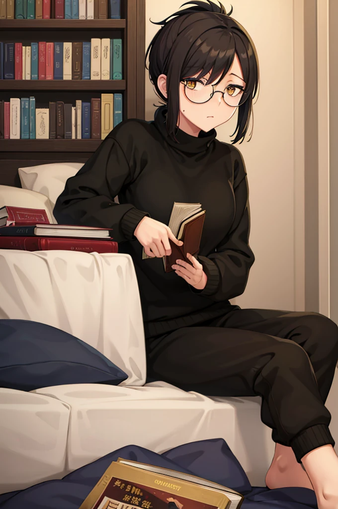 mature woman, hair over one eye, golden eyes, Tomboy, sitting on the ground, sweater, black sweatpants, looking at viewer, bed, black short hair with a ponytail, books lying around, bedroom background, round glasses, bags under eyes, tired, reading a book