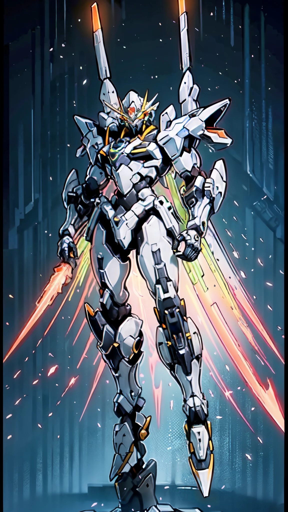 (masterpiece:1.5, best quality:1.5, extremely delicate:1.5), humanoid Mecha, fully enclosed shoulder guards, matching arm and leg guards, full body, full armor, the design balances heavy with agility, (the color scheme is primarily white with red and blue accents, the concept Inspired by Super robot, organic biotech armor, standing, floating high above the futuristic sci-fi city), exquisite and mature art style, (aura effect, energy, glowing eyes, the armor glows), metallic, dramatic, high definition, highres, ultra-detailed, ultra-fine painting, professional, perfect body proportions, anatomically correct, symmetrical face, extremely detailed eyes and face, high quality eyes, creativity, RAW photo, UHD, 32k, Natural light, cinematic lighting, masterpiece-anatomy-perfect