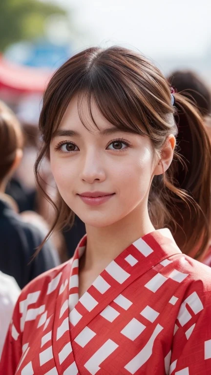 (In the midst of a lively festival:1.2)、A 30-year-old young woman emerges vividly in 8K high-definition video、(Wearing a yukata with a red pattern on a white background:1.2)、Cuteness and beauty combined、Beautifully detailed style and beautifully detailed face、It&#39;s like a masterpiece、
Her beautiful, narrow eyes and double eyelids、Shining as brightly as the festival、beautiful brown hair swaying in the wind、enhance her charm、The white and red patterned yukata wraps around her body beautifully.、In keeping with the festive atmosphere、
(Viewer looks down from above:1.2)、With her gentle eyes,(Staring at the audience:1.2)、Along with the bustle of the festival、Her presence is projected.、Viewers can enjoy the beauty of 8K images、
This video is、A top quality creation that combines festive fun with beautifully detailed style.。.、Viewers will be mesmerized by her graceful figure and gaze..。