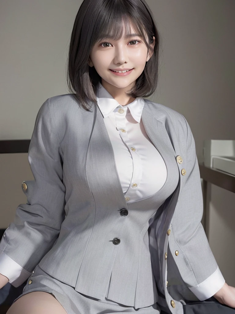 Highest quality、masterpiece、8k、Very detailed、Realistic、(One girl)、(Looking at me with a smile:1.5)、whole body、(Black Hair)、Short Hair、Small face、(Slender:1.2)、(Big Breasts:1.2)、(White business shirt with buttons and a collar:1.2)、(short tight skirt in gray,:1.2)、(Grey business jacket:1.2)