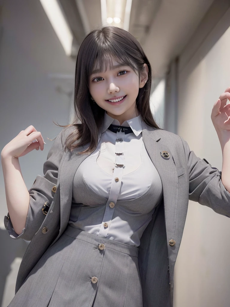 Highest quality、masterpiece、8k、Very detailed、Realistic、(One girl)、(Looking at me with a smile:1.5)、whole body、(Black Hair)、Short Hair、Small face、(Slender:1.2)、(Big Breasts:1.2)、(White business shirt with buttons and a collar:1.2)、(short tight skirt in gray,:1.2)、(Grey business jacket:1.2)