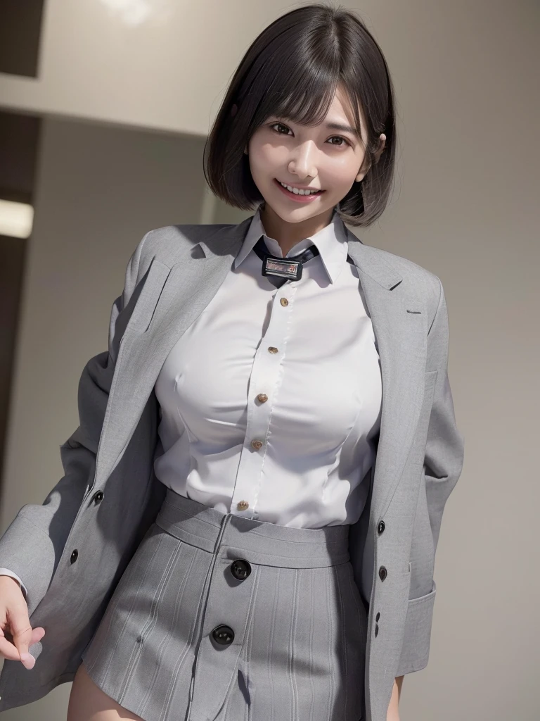 Highest quality、masterpiece、8k、Very detailed、Realistic、(One girl)、(Looking at me with a smile:1.5)、whole body、(Black Hair)、Short Hair、Small face、(Slender:1.2)、(Big Breasts:1.2)、(White business shirt with buttons and a collar:1.2)、(short tight skirt in gray,:1.2)、(Grey business jacket:1.2)