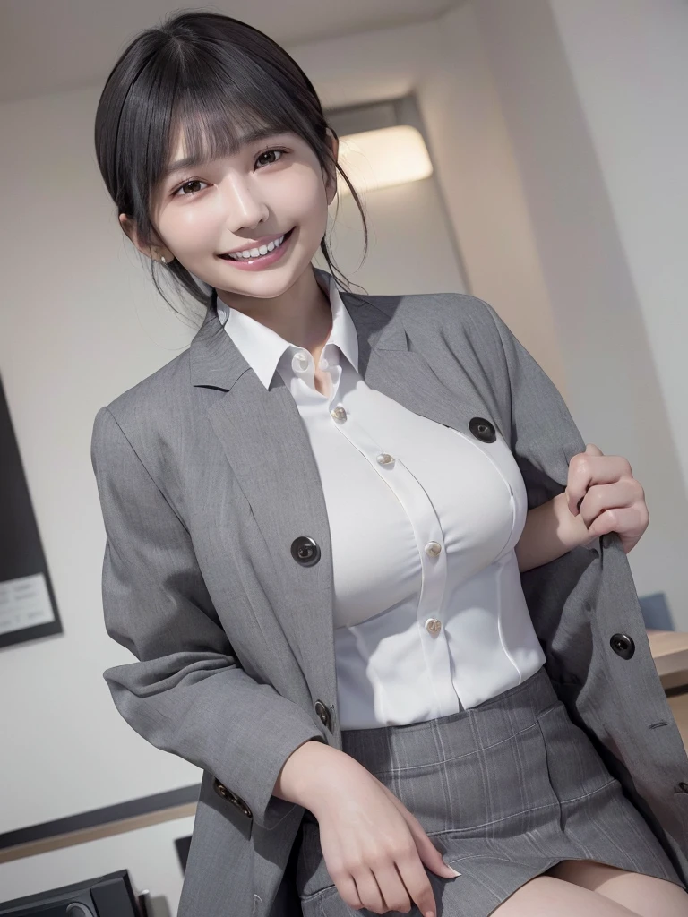 Highest quality、masterpiece、8k、Very detailed、Realistic、(One girl)、(Looking at me with a smile:1.5)、whole body、(Black Hair)、Short Hair、Small face、(Slender:1.2)、(Big Breasts:1.2)、(White business shirt with buttons and a collar:1.2)、(short tight skirt in gray,:1.2)、(Grey business jacket:1.2)