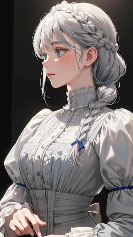 masterpiece, best quality, Practical, (absurd, High resolution, Super detailed), victorian era, Europe in the 18th century,noble,gray silver hair color,blue eyes, braid, Delicate and meticulous, 8K, Reality, Dramatic Lighting, high quality, Complex design, classical portrait, enlarged texture, Exquisite details
