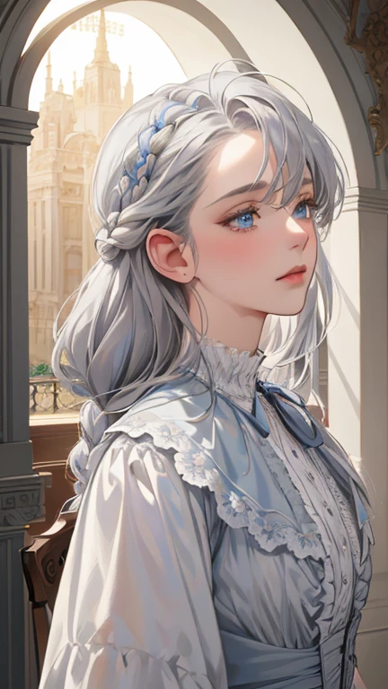 masterpiece, best quality, Practical, (absurd, High resolution, Super detailed), victorian era, Europe in the 18th century,noble,gray silver hair color,blue eyes, braid, Delicate and meticulous, 8K, Reality, Dramatic Lighting, high quality, Complex design, classical portrait, enlarged texture, Exquisite details