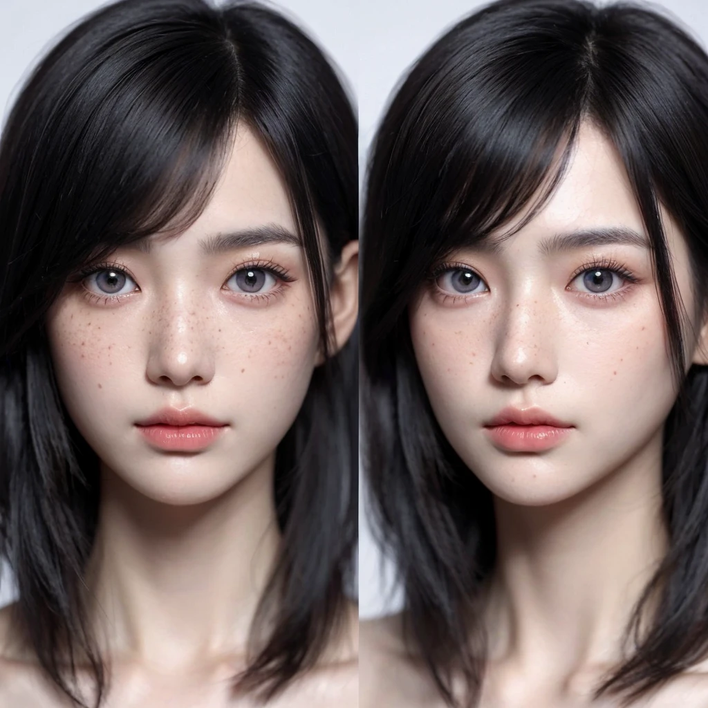 Closeup of an Asian woman with long black hair, grayish blue eyes, thin face, pale skin pastel pink, South Korean popular makeup, freckles on the cheeks, small scar on the eyebrow 