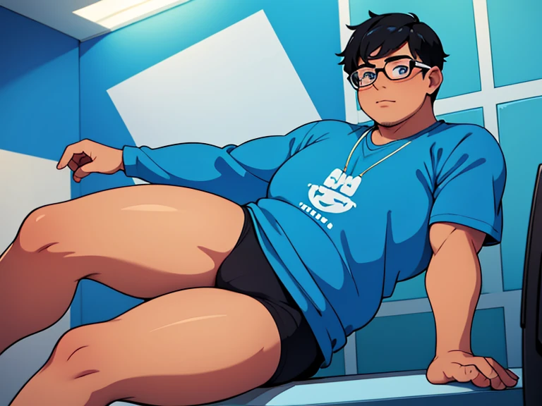 1 boy, fat feminine guy, tan skin, blue eyes, square glasses, black hair, straight hair, bright blue outfit