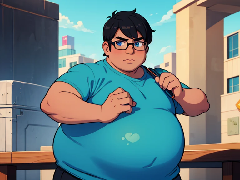 1 boy, fat feminine guy, tan skin, blue eyes, square glasses, black hair, straight hair, bright blue outfit