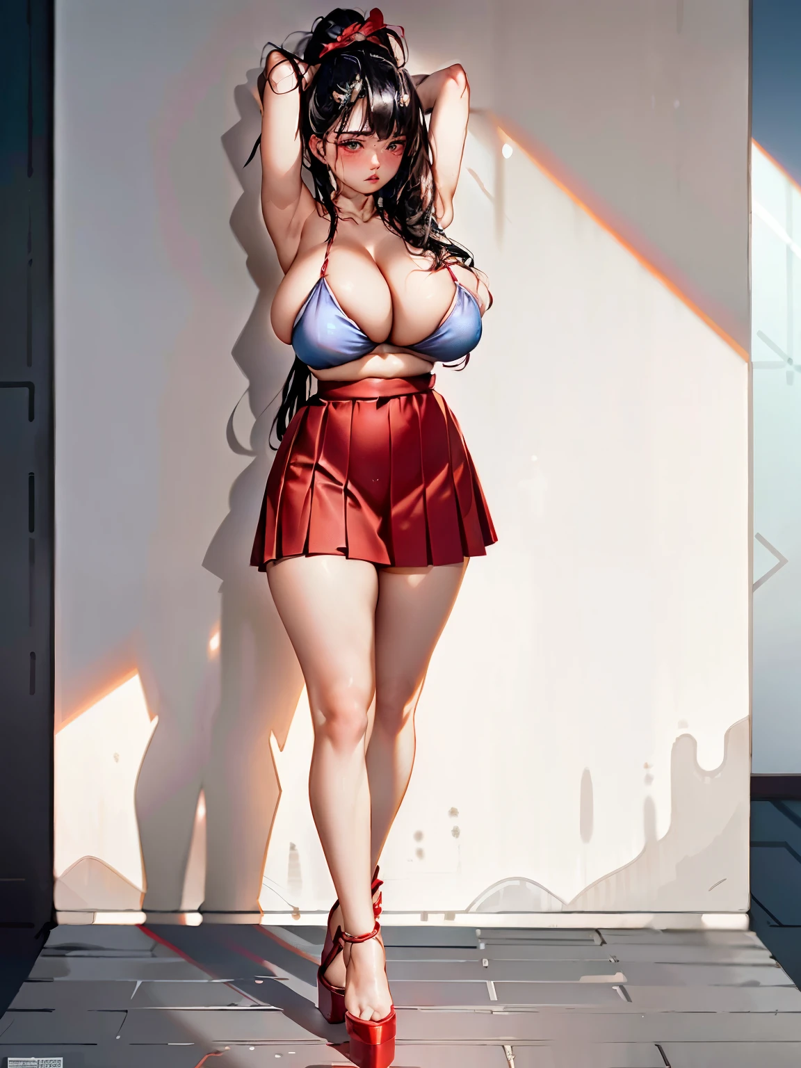 girl、tied-down hair, tied hair, red blush, skirt, transparent, Super big breasts、erect nipple, perfect-composition、top-quality、ultra-detailliert、​masterpiece、realisitic、sad, areolas, hand palm, armpit,  Full Body, tigh