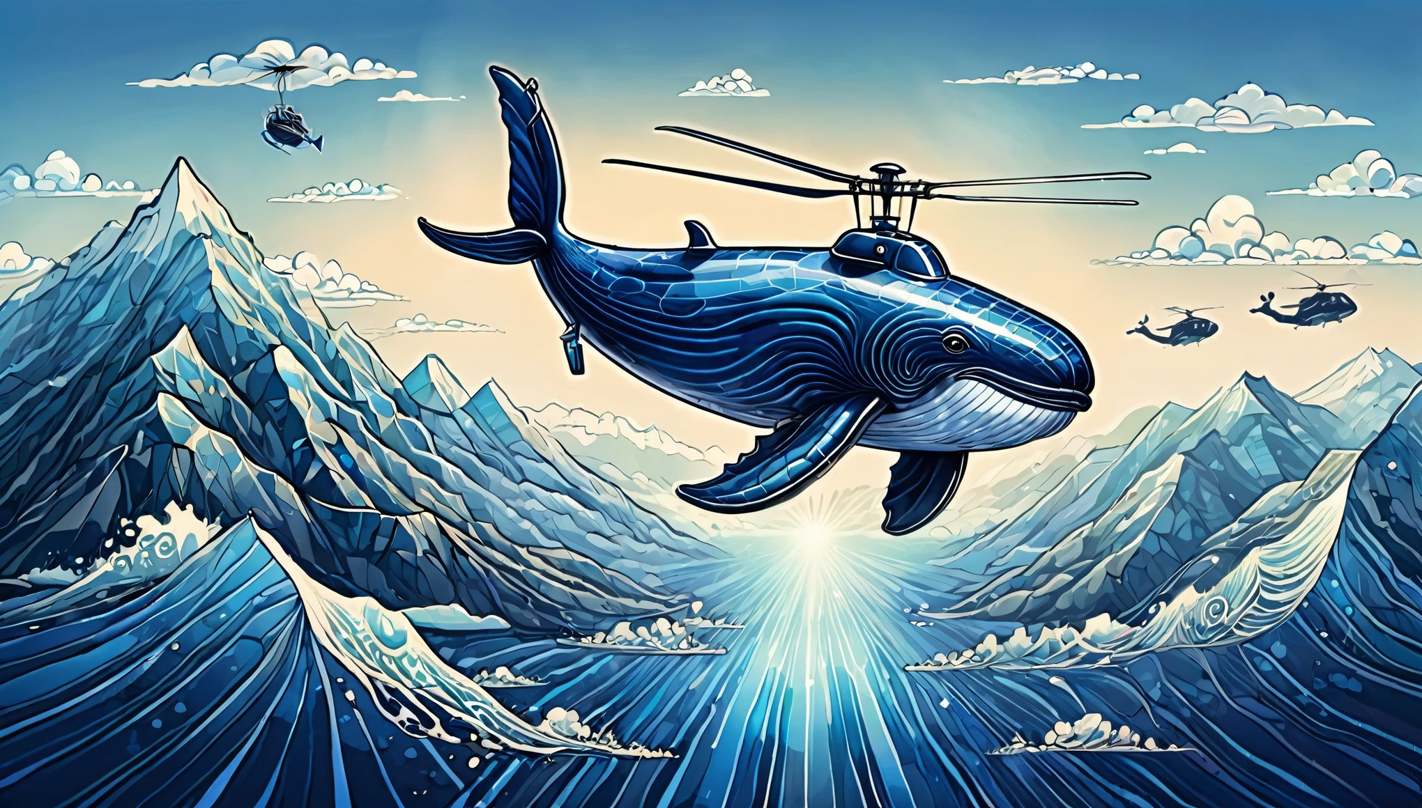 Illustration of Flying Whale, fantasy, whale flying high in the sky with helicopter wings on its back, blue theme, whale drawn in navy blue lines, blue sky, whale's shiny skin reflecting light, every detail drawn, flying fast, magnificent Flying over mountainous terrain.