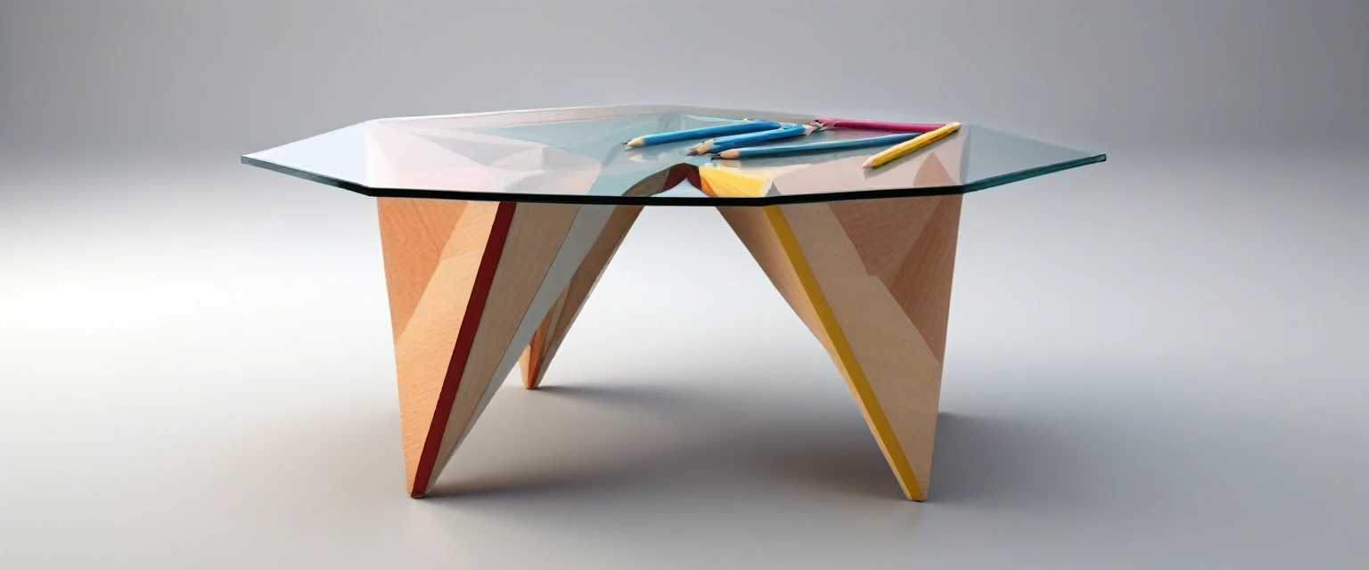 Glass table with pencil, angle size, compa, gum, polygon block