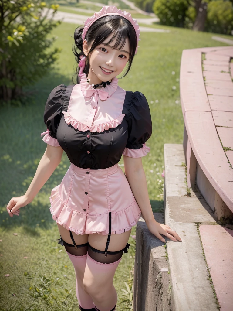 Highest quality、masterpiece、8k、Very detailed、Realistic、(One girl)、(Looking at me with a smile:1.5)、whole body、(Black Hair)、Small face、(Slender:1.2)、(Big Breasts:1.2)、(Pink shirt with buttons and a ruffled collar:1.2)、(Pink short skirt with frills:1.2)、(Black thigh-high socks)、(Black garter belt)