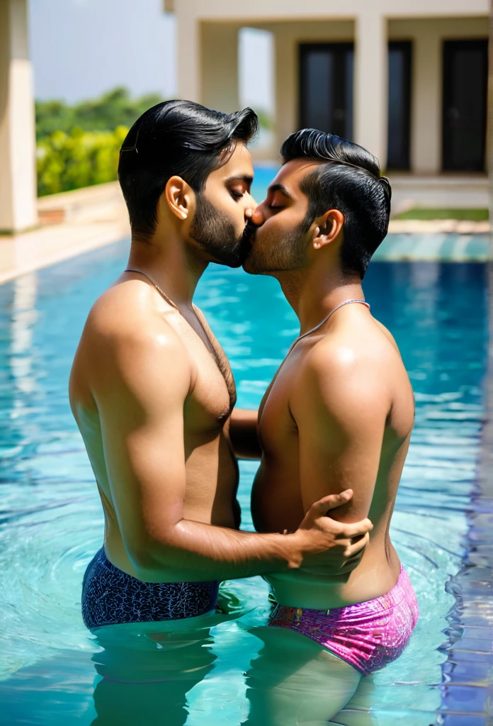 Indian gay couple kissing in swimming pool 