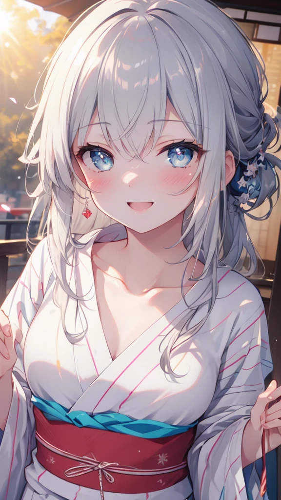 (8k, best quality, master piece: 1.2),super high resolution,1 girl, 独奏, colorshift eyes, hyperdetailed, expressive eyes, ultra-detailed face, yukata、Random hairstyle、silver gay hair, stall, sunshine, Collarbone, Ecstatic expression, Cotton candy