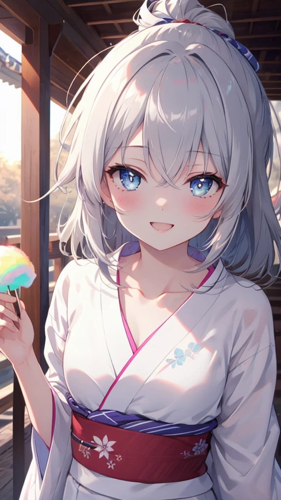 (8k, best quality, master piece: 1.2),super high resolution,1 girl, 独奏, colorshift eyes, hyperdetailed, expressive eyes, ultra-detailed face, yukata、Random hairstyle、silver gay hair, stall, sunshine, Collarbone, Ecstatic expression, Cotton candy