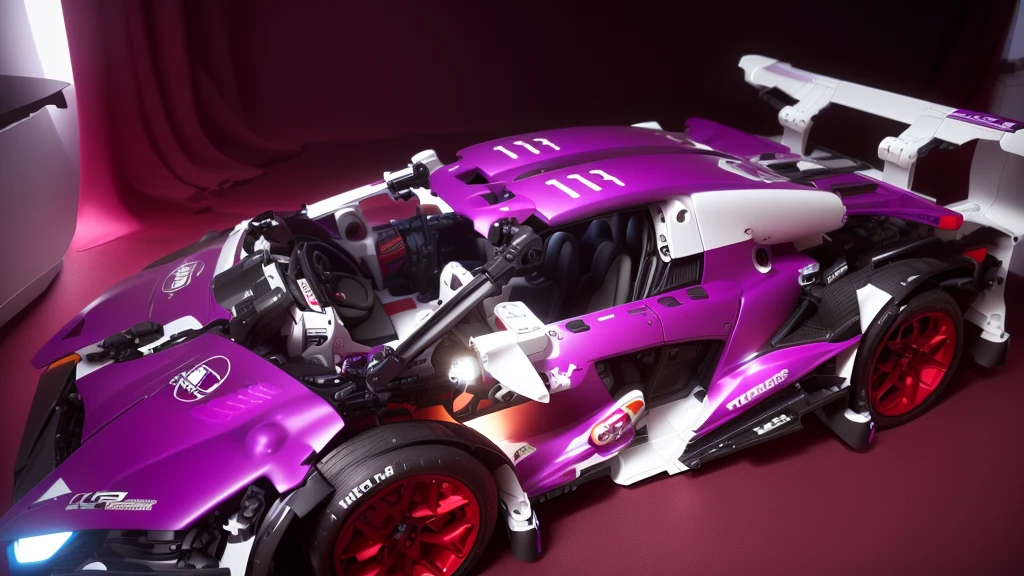 there is a toy car that is purple and has red wheels, taken with sony alpha 9, intricate detailed racing car, detailed wide plan, highly detailed toy, vista frontal superior lateral, cinematic front shot, shot close to the body, full sheet front view, eva unit-00 on the back, toy photo, Porsche made from LEGO, hyper detailed masterpiece