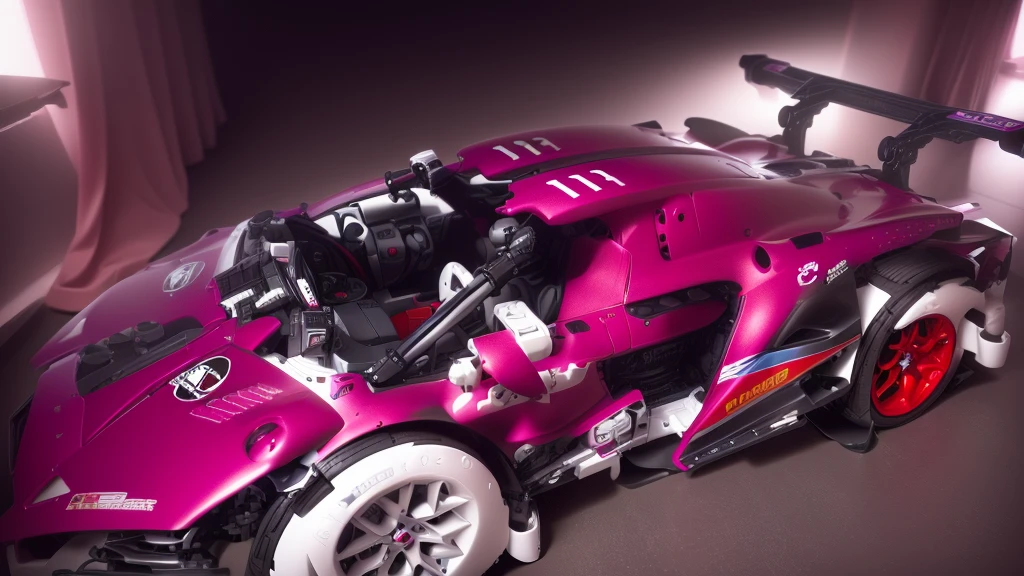 there is a toy car that is purple and has red wheels, taken with sony alpha 9, intricate detailed racing car, detailed wide plan, highly detailed toy, vista frontal superior lateral, cinematic front shot, shot close to the body, full sheet front view, eva unit-00 on the back, toy photo, Porsche made from LEGO, hyper detailed masterpiece
