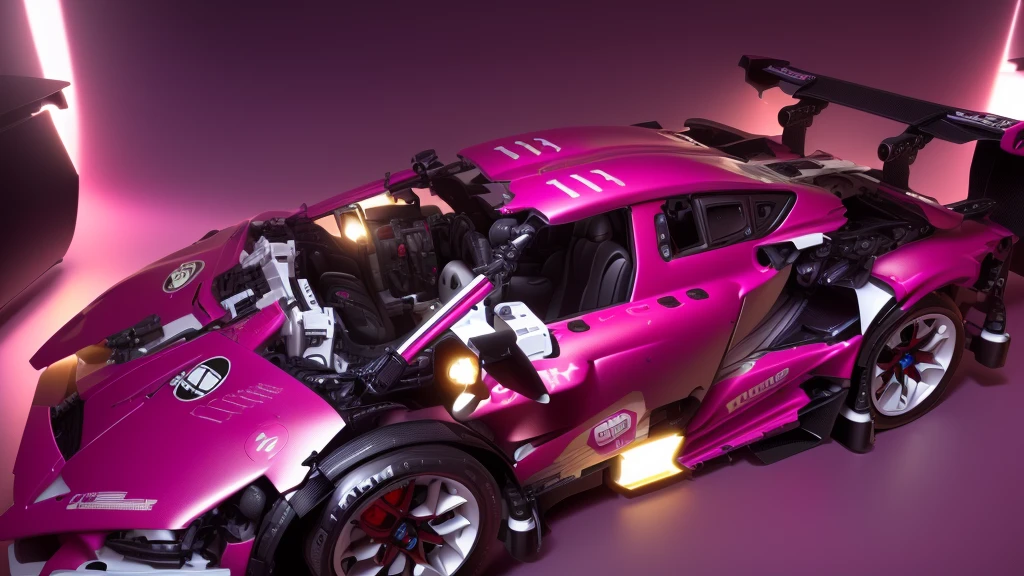 there is a toy car that is purple and has red wheels, taken with sony alpha 9, intricate detailed racing car, detailed wide plan, highly detailed toy, vista frontal superior lateral, cinematic front shot, shot close to the body, full sheet front view, eva unit-00 on the back, toy photo, Porsche made from LEGO, hyper detailed masterpiece