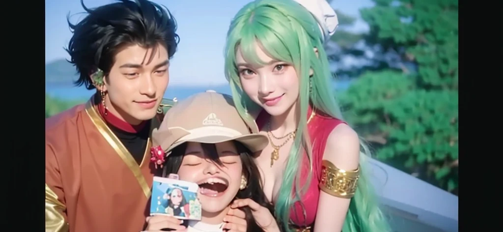 Three people were seen who looked close to each other. In the middle, there is a girl wearing a pink hat with white brim and a very happy facial expression. This girl is holding a disc decorated with pictures of animated characters. To the left of the girl, there is a man with black hair standing. straightened up and smiled at the girls. He wore brown clothes with gold accents on the collar. This man also wears an earring in his right ear. To the girl's right, there is a woman with long green hair who is wearing red clothes with yellow accents on her arms. He also smiled gently at the girl while patting her head affectionately
