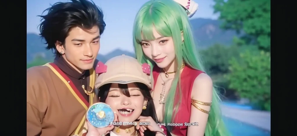 Three people were seen who looked close to each other. In the middle, there is a girl wearing a pink hat with white brim and a very happy facial expression. This girl is holding a disc decorated with pictures of animated characters. To the left of the girl, there is a man with black hair standing. straightened up and smiled at the girls. He wore brown clothes with gold accents on the collar. This man also wears an earring in his right ear. To the girl's right, there is a woman with long green hair who is wearing red clothes with yellow accents on her arms. He also smiled gently at the girl while patting her head affectionately