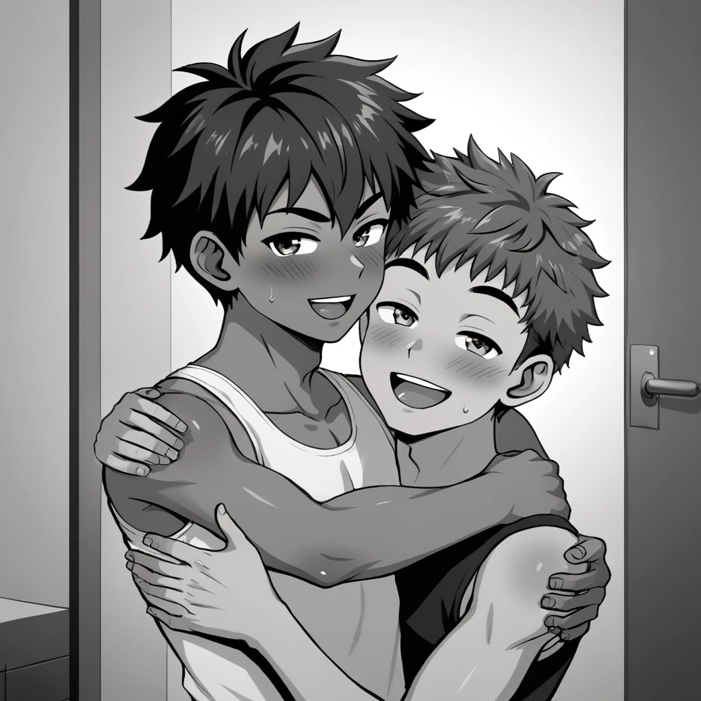 A twink male villagers hug a tanned male bushman
