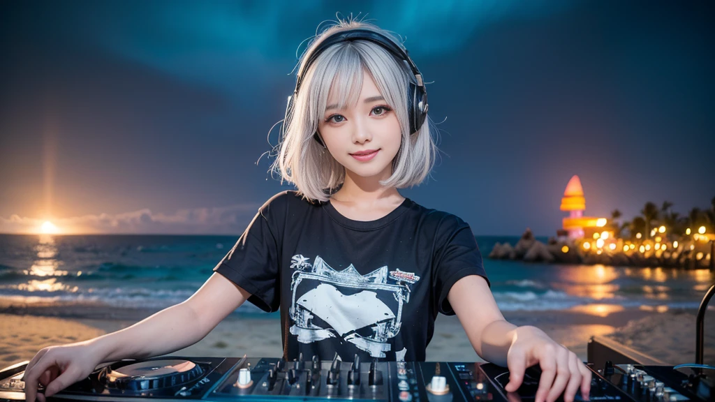 (ultra - detailed, 16K resolution, Cinema lenses, rendering by octane), (high resolution:1.18), intricate detail, (masterpiece:1.1), (highest quality:1.1), (1girl, portrait, white hair, blue eyes, short hair, detailed eyes),Wearing silver DJ headphones, sequined T-shirt, (in the beach:1.5), (Iconic hip-hop pop costumes:1.3), Smile while DJing on stage, DJ studio next to the beach, ((A stylish DJ stage on a hill overlooking the beach)), full body shot, Photorealistic photography by Sunshine, (cute round face:1.3), perfect fingers, five fingers, beautiful hands, perfect hands. master peace, cute smile, Fixhand.
